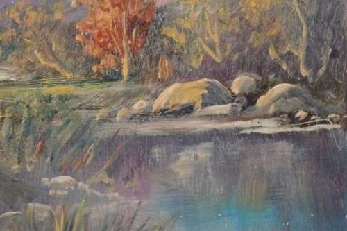 AN EXQUISITELY PAINTED ORIGINAL K.J FOURE OIL ON BOARD LANDSCAPE PAINTING OF A ''DUTCH COTTAGE''