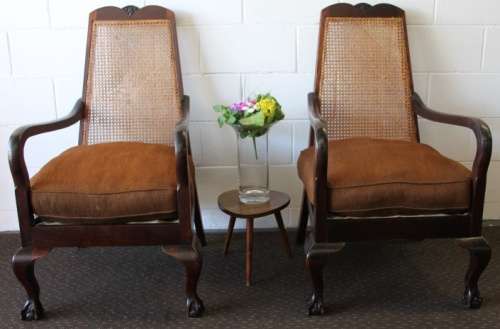 TWO AMAZING VINTAGE SOLID IMBUIA "WICKER BACK" BALL & CLAW OCCASIONAL CHAIRS  bid/chair