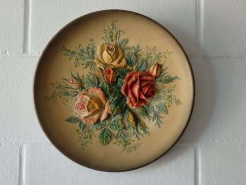 A beautiful signed hand-painted vintage 3D chalk-ware plaque of ''ROSES'' by W.H. Bossons RS17