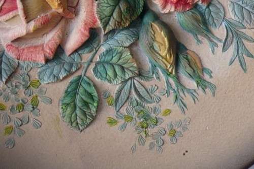 A beautiful signed hand-painted vintage 3D chalk-ware plaque of ''ROSES'' by W.H. Bossons RS17