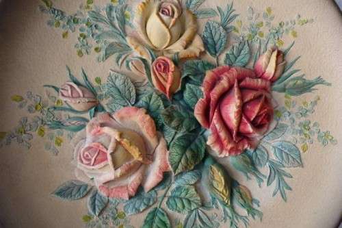 A beautiful signed hand-painted vintage 3D chalk-ware plaque of ''ROSES'' by W.H. Bossons RS17