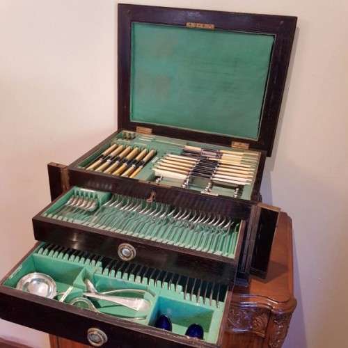 A spectacular antique Hallmarked sterling silver Walker & Hall boxed 12 place setting cutlery set