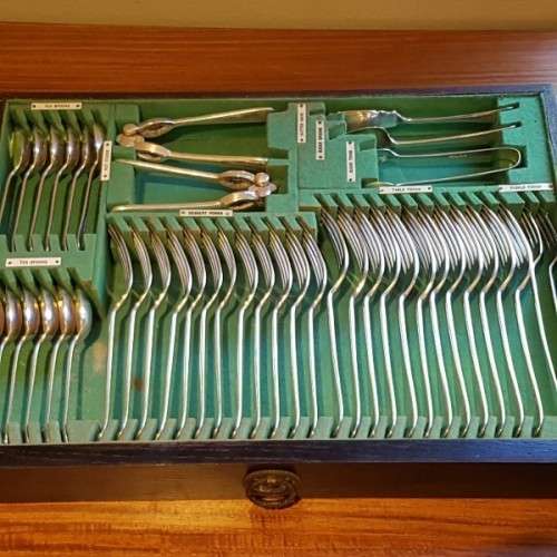 A spectacular antique Hallmarked sterling silver Walker & Hall boxed 12 place setting cutlery set