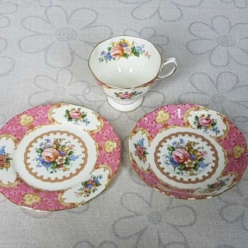 A spectacular Royal Albert Fine Bone China "Lady Carlyle" collection trio in pristine condition