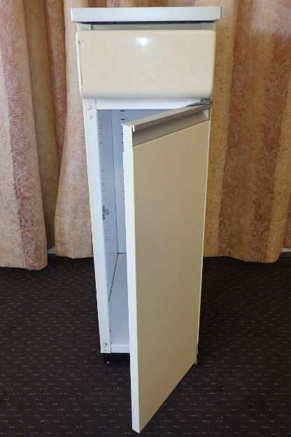 An awesome vintage "Retro" multi-purpose single door metal cabinet with a stainless steel top