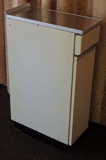 An awesome vintage "Retro" multi-purpose single door metal cabinet with a stainless steel top
