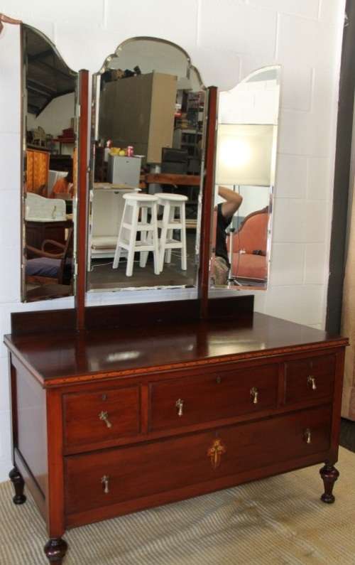 A magnificent solid teak tri-folding mirror dressing table w/ four drawers & marquetry detail