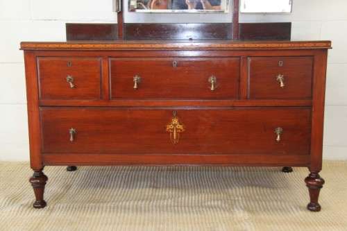 A magnificent solid teak tri-folding mirror dressing table w/ four drawers & marquetry detail