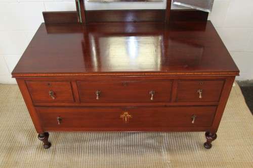 A magnificent solid teak tri-folding mirror dressing table w/ four drawers & marquetry detail