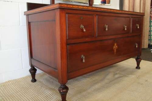 A magnificent solid teak tri-folding mirror dressing table w/ four drawers & marquetry detail
