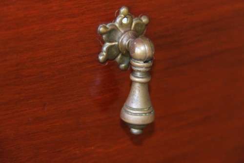 A magnificent solid teak tri-folding mirror dressing table w/ four drawers & marquetry detail