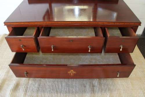 A magnificent solid teak tri-folding mirror dressing table w/ four drawers & marquetry detail