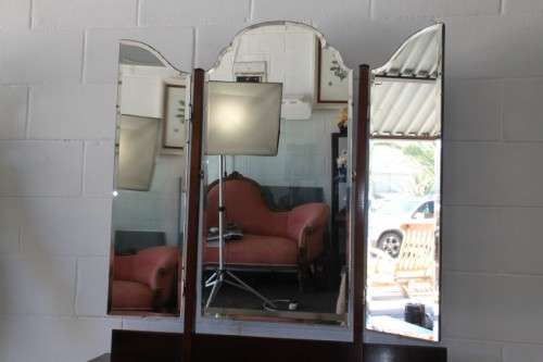 A magnificent solid teak tri-folding mirror dressing table w/ four drawers & marquetry detail