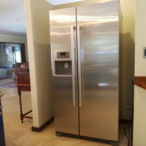 An awesome Bosch #Kan58A70 stainless steel side-by-side fridge/ freezer with water & ice dispenser