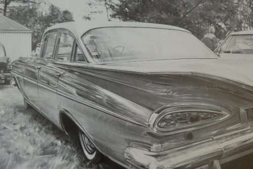 A sensational black & white print of a 1959 Chev Belair by Dean Scott Simon - RS17