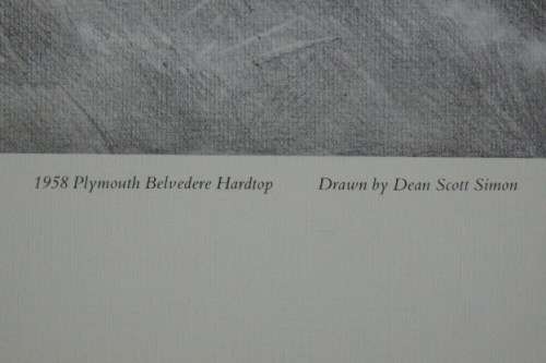 A signed limited edition print (no. 224/ 250) of a 1958 Plymouth Belve by Dean Scott Simon RS17
