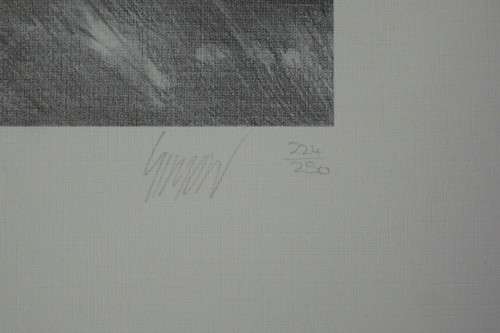 A signed limited edition print (no. 224/ 250) of a 1958 Plymouth Belve by Dean Scott Simon RS17