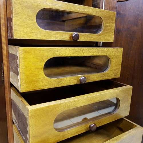 A spectacular Art Deco three-door solid Imbuia wardrobe with 8x drawers and loads of hanging space