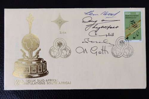 An RSA (1976) 'Congratulations South Africa' first day cover w/ stamps - Signed by winning team!