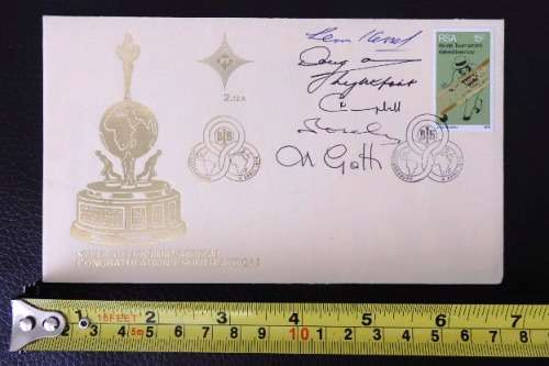 An RSA (1976) 'Congratulations South Africa' first day cover w/ stamps - Signed by winning team!