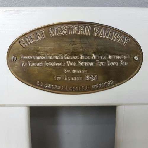 A stunning & unusual white Queen size headboard with an antique "Great Western Railway" brass plaque