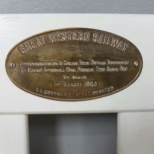 A stunning & unusual white Queen size headboard with an antique "Great Western Railway" brass plaque