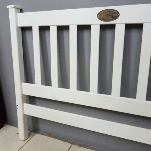 A stunning & unusual white Queen size headboard with an antique "Great Western Railway" brass plaque