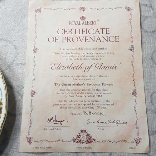 An extremely rare "Royal Albert" "Elizabeth of Glamis" limited edition plate with certificate