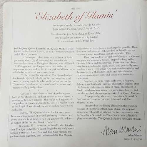 An extremely rare "Royal Albert" "Elizabeth of Glamis" limited edition plate with certificate