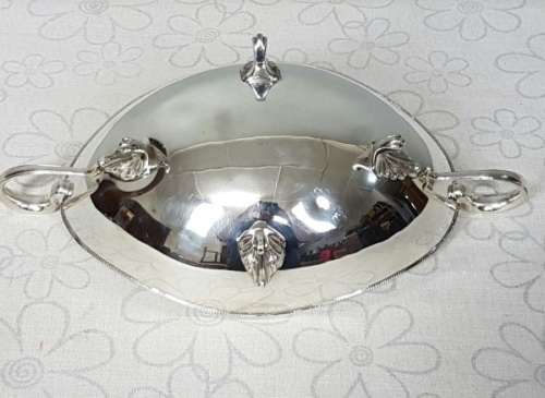 A stunning large vintage Rhodesian silver plated "double-handle" footed serving bowl w/ beaded edge