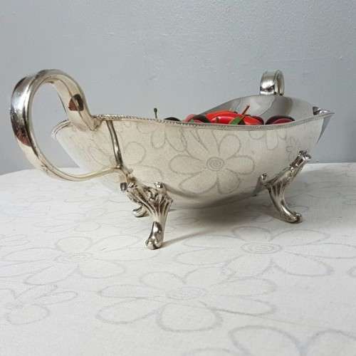 A stunning large vintage Rhodesian silver plated "double-handle" footed serving bowl w/ beaded edge