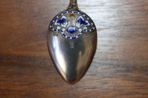 A spectacularly rare hallmarked antique Art Nouveau "Marius Hammer" of Norway Cloisonne teaspoon