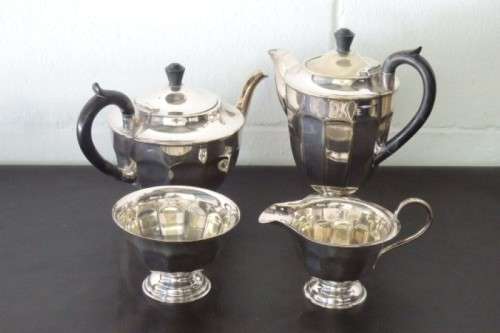 A wonderful vintage Art Deco EPNS tea and coffee service set with a sugar bowl and creamer