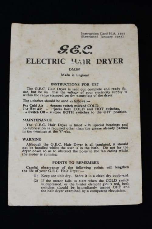 An exquisite vintage (1955) General Electric hair dryer w/ box & stand in perfect working condition