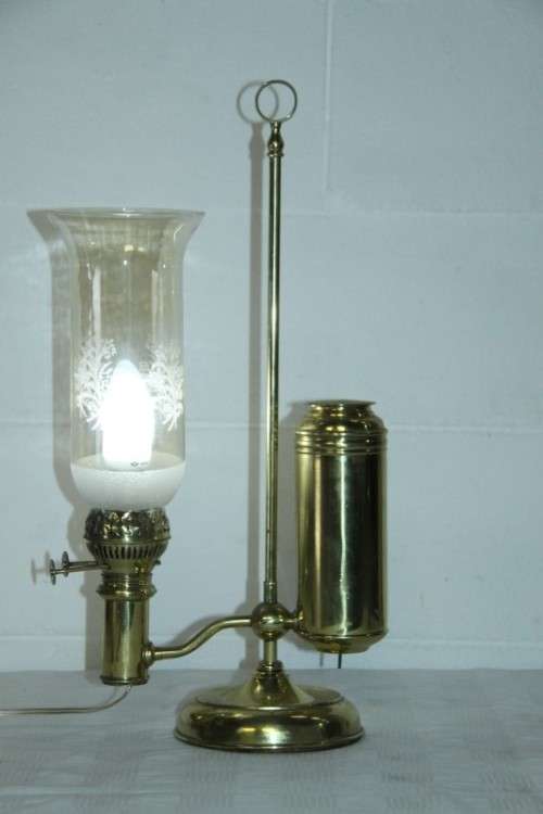 A superb antique Victorian electrical solid brass "Kerosene" student lamp with a glass shade