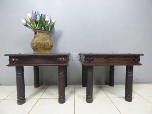 Two superb (larger) dark oak square side tables with eye-catching metalwork detailing - Bid/table