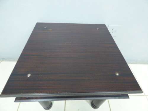 Two superb (larger) dark oak square side tables with eye-catching metalwork detailing - Bid/table