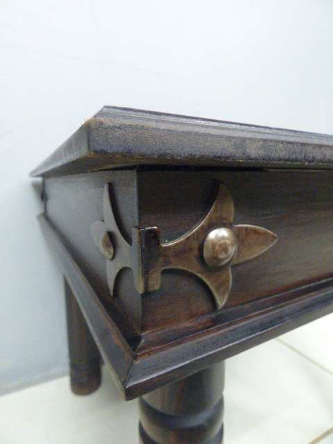Two superb (larger) dark oak square side tables with eye-catching metalwork detailing - Bid/table