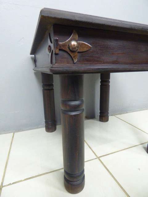 Two superb (larger) dark oak square side tables with eye-catching metalwork detailing - Bid/table