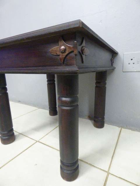 Two superb (larger) dark oak square side tables with eye-catching metalwork detailing - Bid/table
