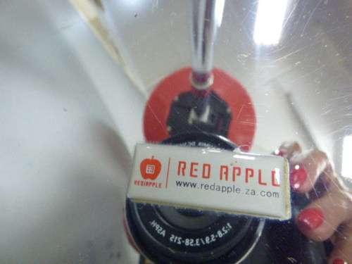 A fabulous modern "Red Apple" aluminium cocktail table with 4 bar stools. Awesome in bar areas/patio