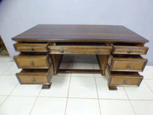 A stunning vintage 7-drawer solid teak w leather inlays office/ executives desk in awesome condition