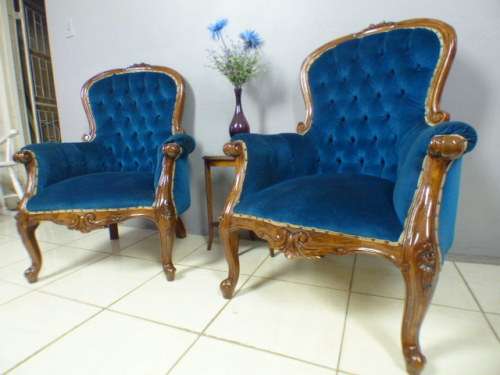 2 gorgeous Victorian arm chairs with deep button detailing & stunning, vibrant blue fabric