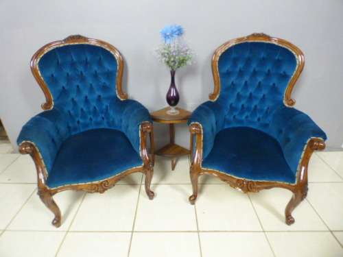 2 gorgeous Victorian arm chairs with deep button detailing & stunning, vibrant blue fabric