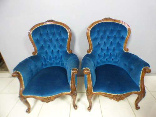 2 gorgeous Victorian arm chairs with deep button detailing & stunning, vibrant blue fabric
