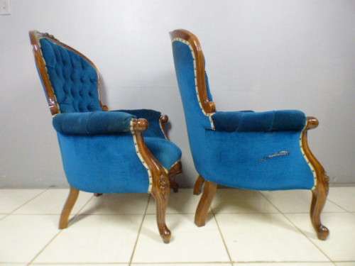 2 gorgeous Victorian arm chairs with deep button detailing & stunning, vibrant blue fabric