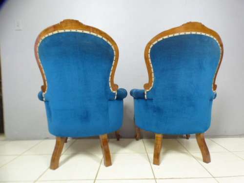 2 gorgeous Victorian arm chairs with deep button detailing & stunning, vibrant blue fabric