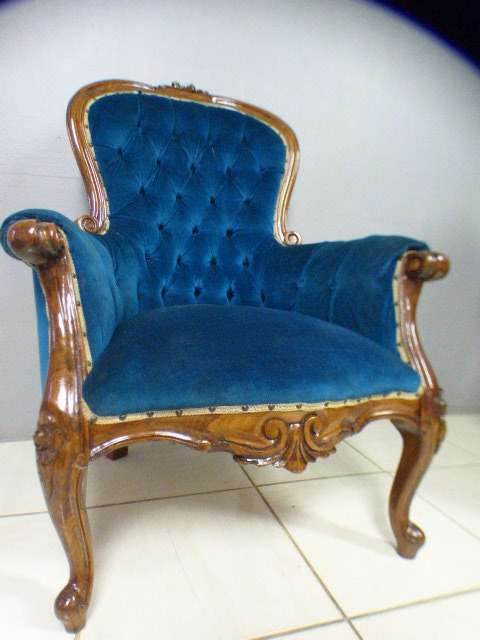 2 gorgeous Victorian arm chairs with deep button detailing & stunning, vibrant blue fabric