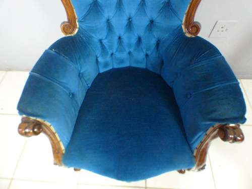 2 gorgeous Victorian arm chairs with deep button detailing & stunning, vibrant blue fabric