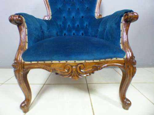 2 gorgeous Victorian arm chairs with deep button detailing & stunning, vibrant blue fabric